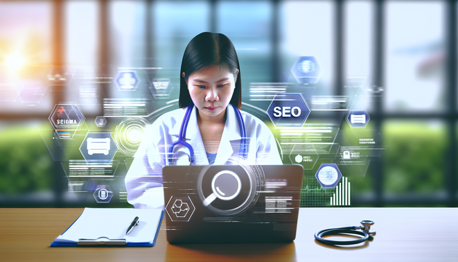 alt_text: A doctor analyzes SEO on a laptop, blending healthcare and digital marketing in a modern design.